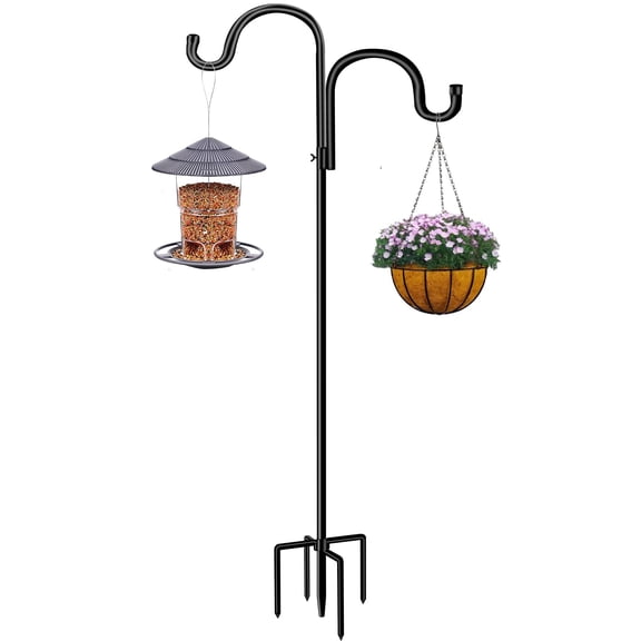 Double Shepherds Hook For Outdoor 78 Inch Bird Feeder Pole With 5 Prongs Base Heavy Duty Adjustable Garden Hanging Plant Solar Light Lantern Weddings Decor Hummingbird Feeder(1 Pack)