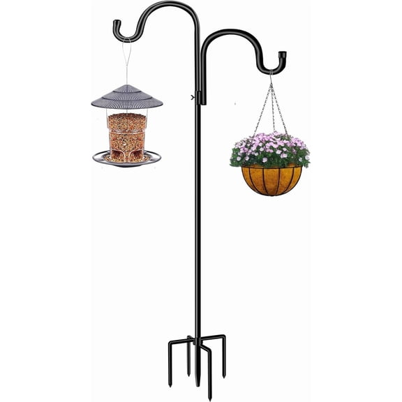 Double Shepherds Hook for Outdoor,78 Inch Bird Feeder Pole with 5 Prongs Base, Heavy Duty Adjustable Garden Hook for Hanging Plant, Solar Light, Lantern, Weddings Decor, Hummingbird Feeder(1 Pack)