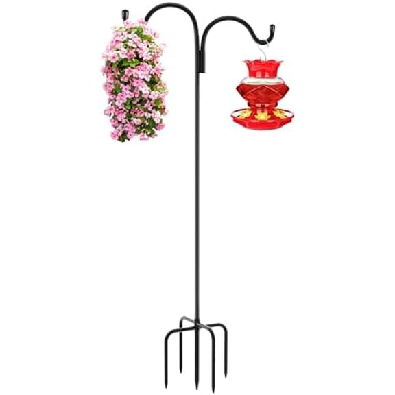 Double Shepherds Hook for Outdoor, 92 Inch Bird Feeder Pole with 5 Prongs Base, 5/8 Inch Thick Heavy Duty Adjustable Garden Hook for Hanging Plant, Lantern, Hummingbird Feeder, 1 Pack
