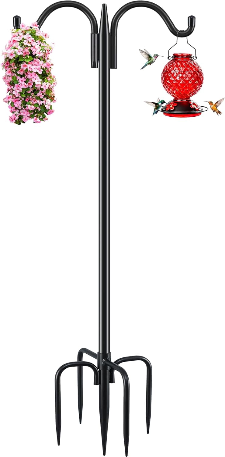 Double Shepherds Hook for Outdoor, 92 Inch Heavy Duty Bird Feeder Pole 3/4 Inch Thick Garden Hooks for Hanging Hummingbird Feeder, Plant Baskets, Solar Light Lanterns
