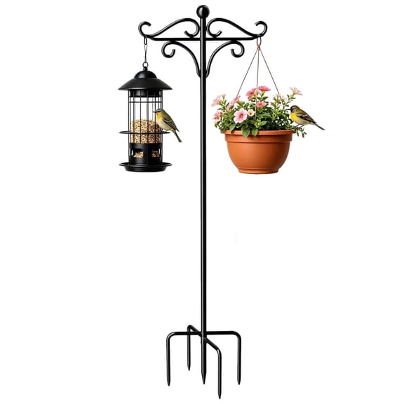 Double Shepherds Hook 76” for Outdoor, Bird Feeder Pole with 5 Prongs Base, Suitable for Hanging Flower Basket, Lantern