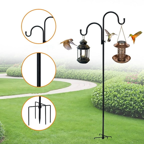 Double Shepherds Hook for Outdoor,Hummingbird Feeder - Crochet Basket, Iron Hanging Hook, 5-Prong Base, Adjustable Height, for Garden Decor