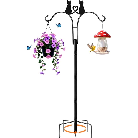 Double Shepherds Hooks for Outdoor, 1 Pack 78 Inch Bird Feeder Pole with 5 Prongs Base, Adjustable Heavy Duty Plant Hangers Cat Art Outdoor Plants Hummingbird Hanging Basket Lantern