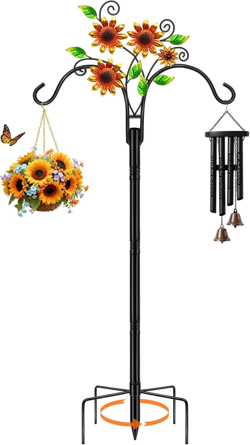 Double Shepherds Hooks for Outdoor, 1 Pack 78 Inch Bird Feeder Pole with 5 Prongs Base, Adjustable Heavy Duty Plant Hangers Sunflower Art for Outdoor Plants Hummingbird Feeder Hanging Basket Lantern