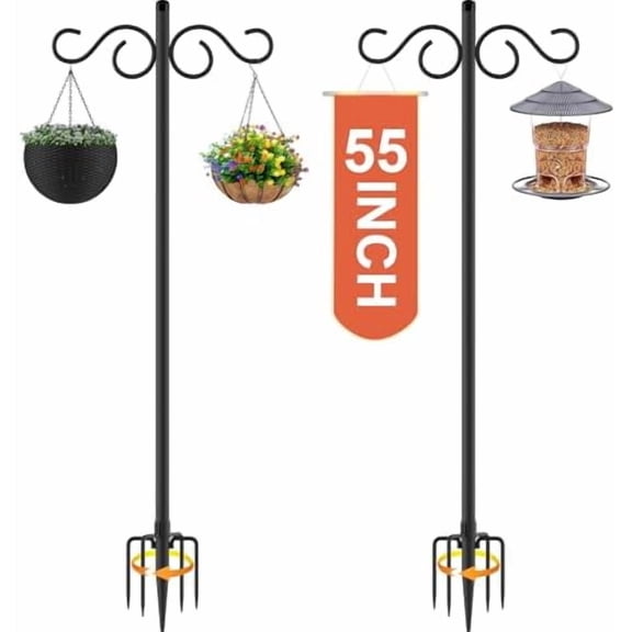 Double Shepherds Hooks for Outdoor,2 Pack 55 Inch Bird Feeder Pole with 5 Prongs Base,Heavy Duty Shepherds Hook,Suitable for Garden in Hanging Flower Basket,Lantern,Bird Nests (2 Pack 55 inch)