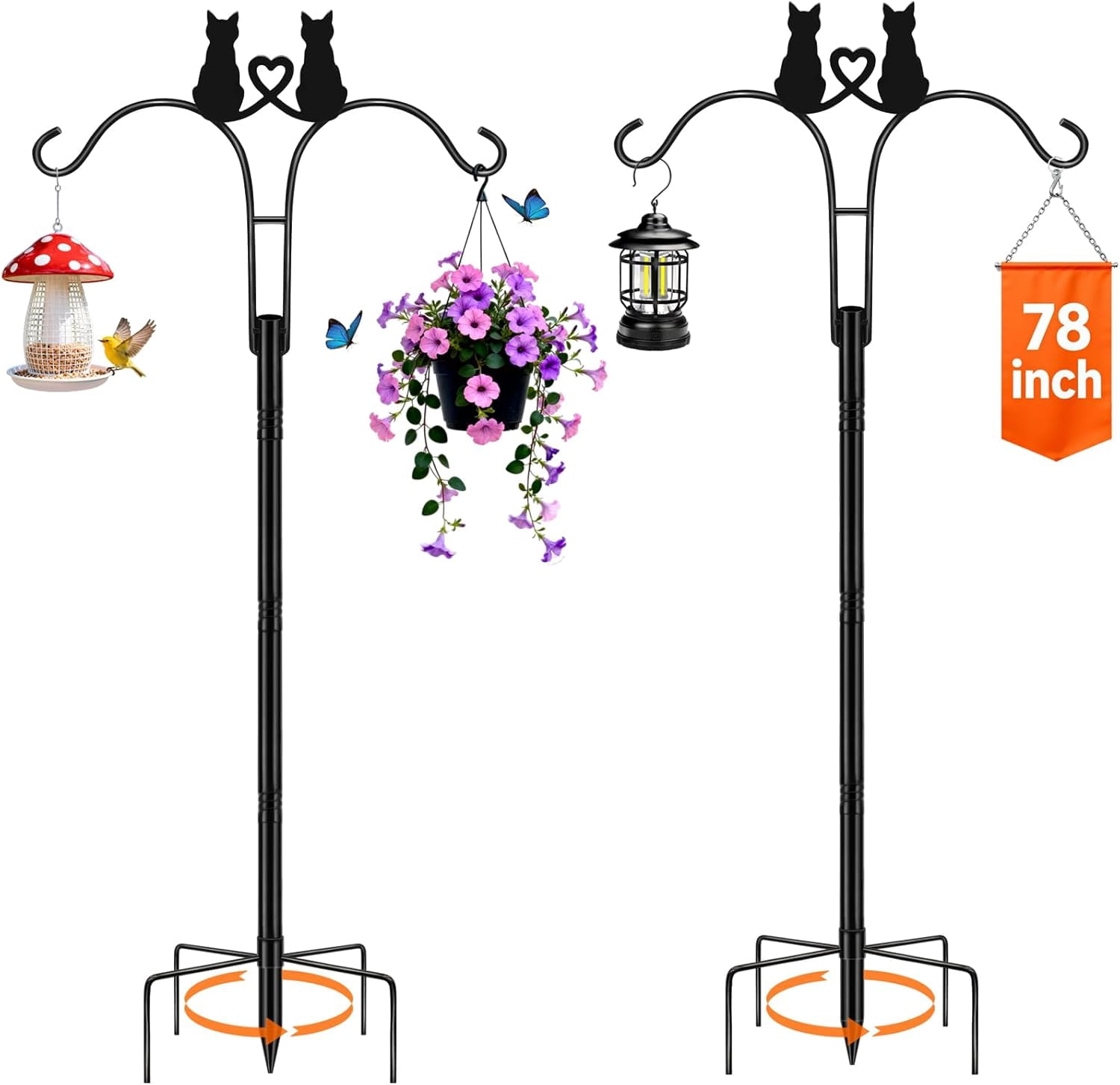 Double Shepherds Hooks for Outdoor, 2 Pack 78 Inch Bird Feeder Pole with 5 Prongs Base, Adjustable Heavy Duty Plant Hangers Cat Art for Outdoor Plants Hummingbird Feeder Hanging Basket Lantern