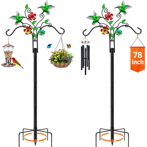 Double Shepherds Hooks for Outdoor, 2 Pack 78 Inch Bird Feeder Pole with 5 Prongs Base, Adjustable Heavy Duty Plant Hangers Hummingbird Art Outdoor Plants Hanging Basket Lantern