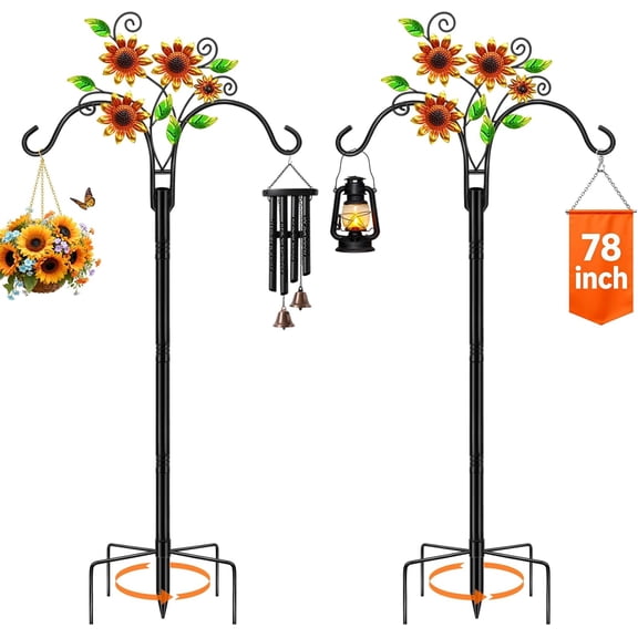 Double Shepherds Hooks for Outdoor, 2 Pack 78 Inch Bird Feeder Pole with 5 Prongs Base, Adjustable Heavy Duty Plant Hangers Sunflower Art for Outdoor Plants Hummingbird Feeder Hanging Basket Lantern