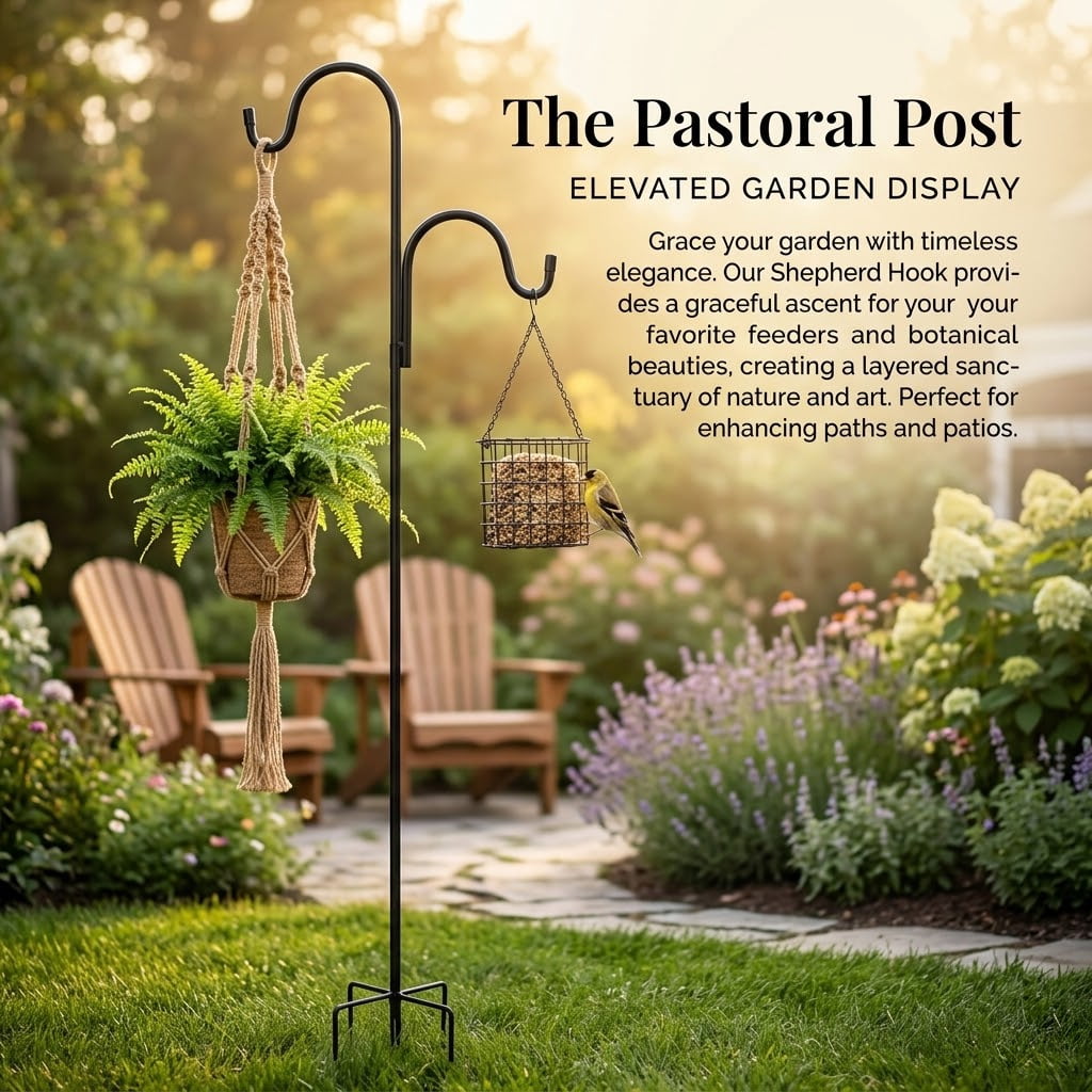 Double Shepherds Hooks for Outdoor,  2 Pack 78 Inch Bird Feeder Pole with 5 Prongs Base, Heavy Duty Garden Hook for Hanging Plant, Lantern, Hummingbird Feeder