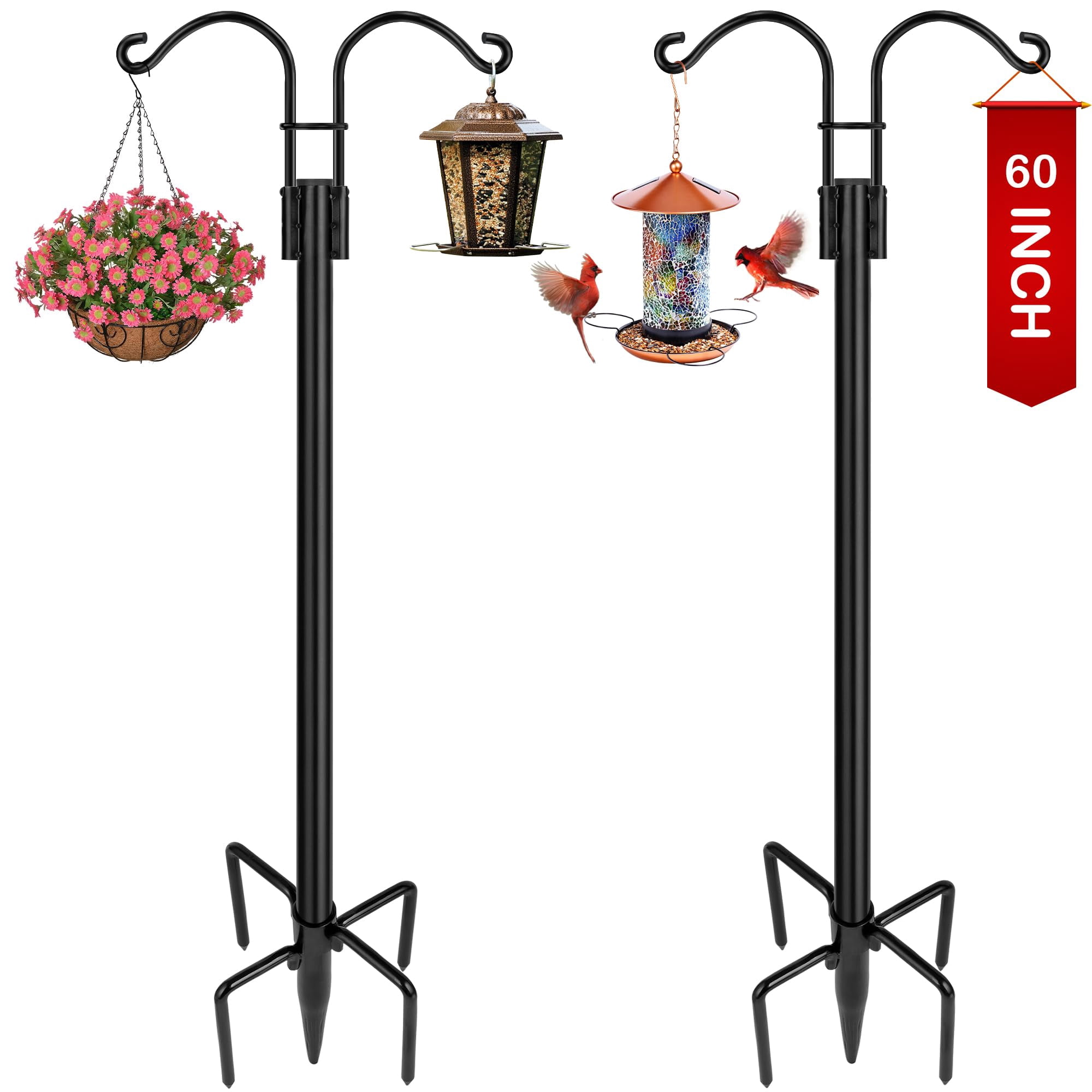 Double Shepherds Hooks For Outdoor  2-pack Heavy Duty Garden Pole Hanging Bird Feeder Plant Baskets Solar Light Lanterns Hanger Stands With 5 Base Prongs