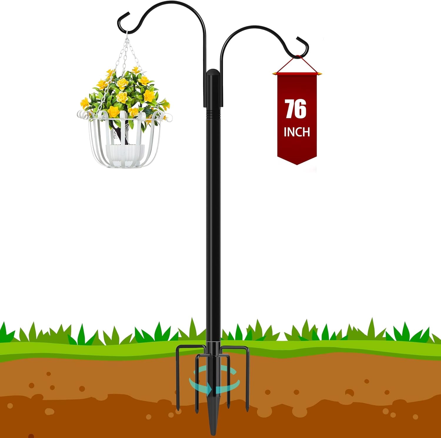 Ottsuls Double Shepherds Hooks for Outdoor, 76 Inch Bird Feeder Pole with 5 Prong Base, Upgrade 1 INCH Thick Heavy Duty Planter Hook Hanging Baskets, Lantern,1 Pack