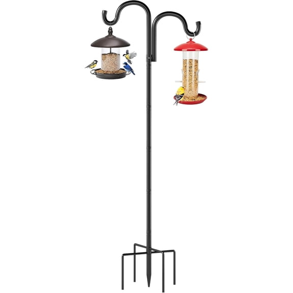 Double Shepherds Hooks for Outdoor, 92" Heavy Duty Bird Feeder Pole with 5 Prong Base, Adjustable Shepherds Hook for Bird feeders Outside, Garden, Weddings, Hanging Plants, 1 Pack, Black