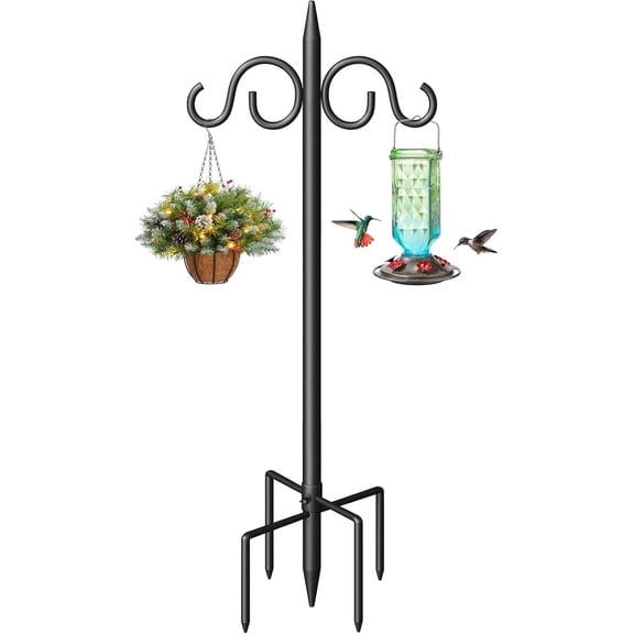 Double Shepherds Hooks for Outdoor, 92 Inch Heavy Duty Bird Feeder Pole with 5 Prongs Base, Adjustable Hook Feeder, Garden, Weddings, Hanging Plant, 1 Pack