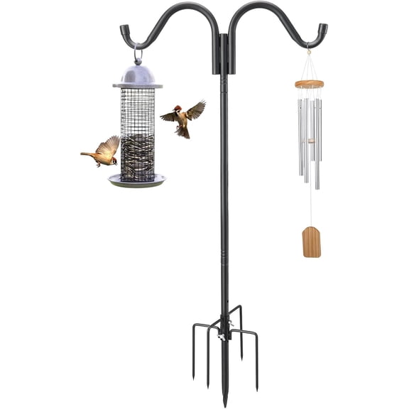Double Shepherds Hooks for Outdoor, 94 Inch Adjustable Bird Feed Pole with 5 Prongs Base, Heavy Duty Shepherds Hook for Bird Feeder, Bird House, Light Plant, Wind Chime, Hummingbird Feeder, Lantern