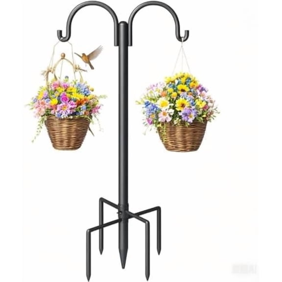 Double Shepherds Hooks for Outdoor, Heavy Duty Bird Feeder Pole with 5-Prong Base - Rust-Proof, Adjustable Bird Feeder Hanger for Garden, Wedding Decor & Hanging Plants