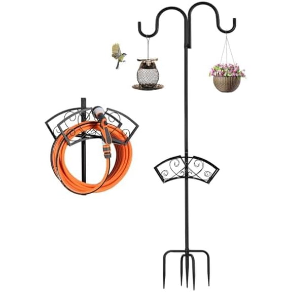 Double Shepherds Hooks for Outdoor, Upgraded Heavy Duty Bird Feeder Pole, Freestanding Water Hose Holder Adjustable Hose Stand with 5 Prongs Base, Thickened Garden Hooks for Outside Yard Lawn