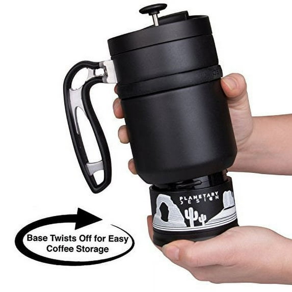 Double Shot 3.0 French Press Travel Coffee Mug, 16 oz - Br?-Stop Technology with Storage Base and Spill Proof Lid - Stainless Steel with Non-Slip Texture - Obsidian Black