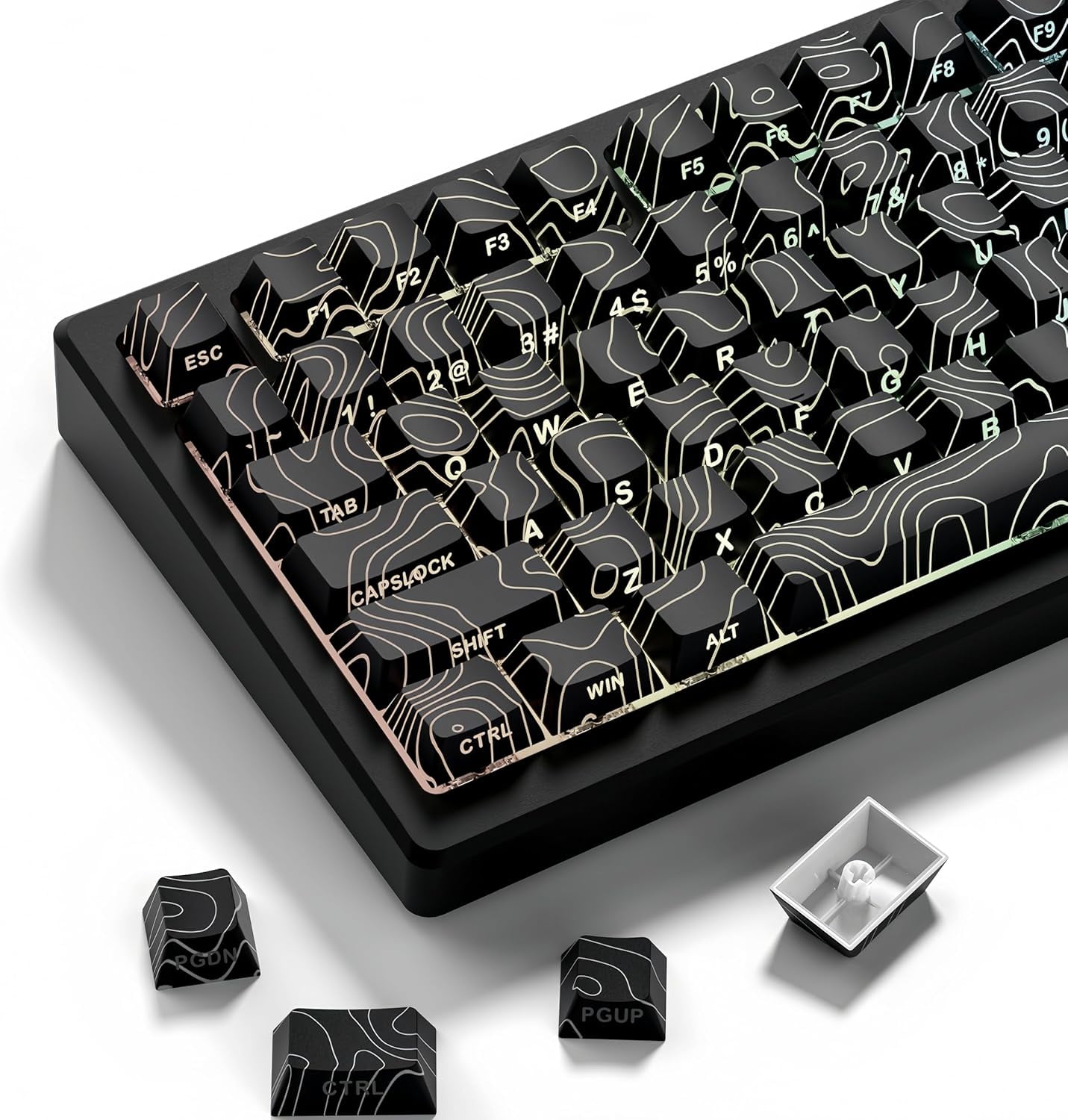 Double Shot PBT Keyboard keycaps Set,Black Topographic,Shine Through Custom keycap,Side Printed keycaps dye sub,Cherry Profile keycap for TKL US Layout Mechanical Keyboard(134keys)