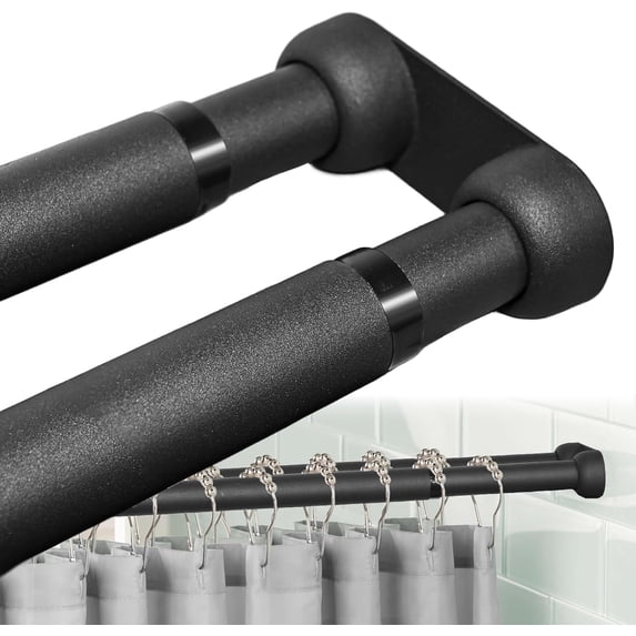 Double Shower Curtain Rod 27-90 Inches Wall Mounted Double Shower Curtain Rod Adjustable Curtain Rod for Bathroom Laundry Room Room Divider Kitchen, Black