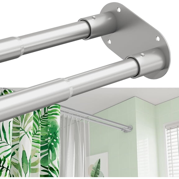 Double Shower Curtain Rod, 28-76 Inches Adjustable Wall Mounted Double Shower Rod, Rustproof Silver Shower Curtain Rods for Bathroom, Bathtub, Extra Space for Curtain and Liner