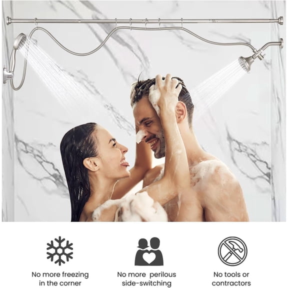 Double Shower Head for Couple, High Pressure Dual Showerhead, Adjustable Height Shower Rod, 5-Setting Handheld Shower Head, 5-Setting Handheld Shower Head, Brushed Nickel
