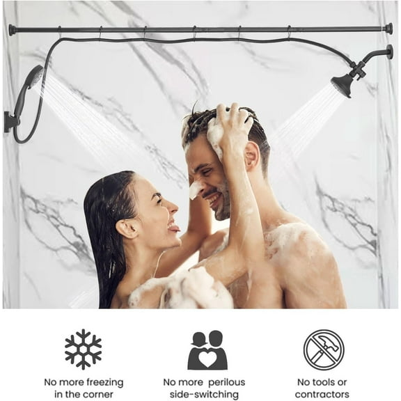 Double Shower Head for Couple, High Pressure Dual Showerhead, Adjustable Height Shower Rod, 5-Setting Handheld Shower Head, 5-Setting Handheld Shower Head, Matte Black