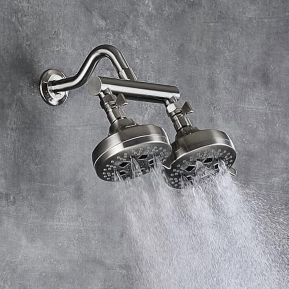 Double Shower Head Set with Shut-off Valve High Pressure Dual Spray Brushed Nickel Wall Mount