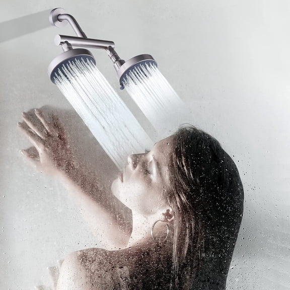 Double Shower Head with Shut-Off Valve, Bathathroom High Pressure Dual Fixed Rain Shower Head Combo with Brass Dual Outlet Manifold, Adjustable 5 Function Showerhead Brushed Nickel