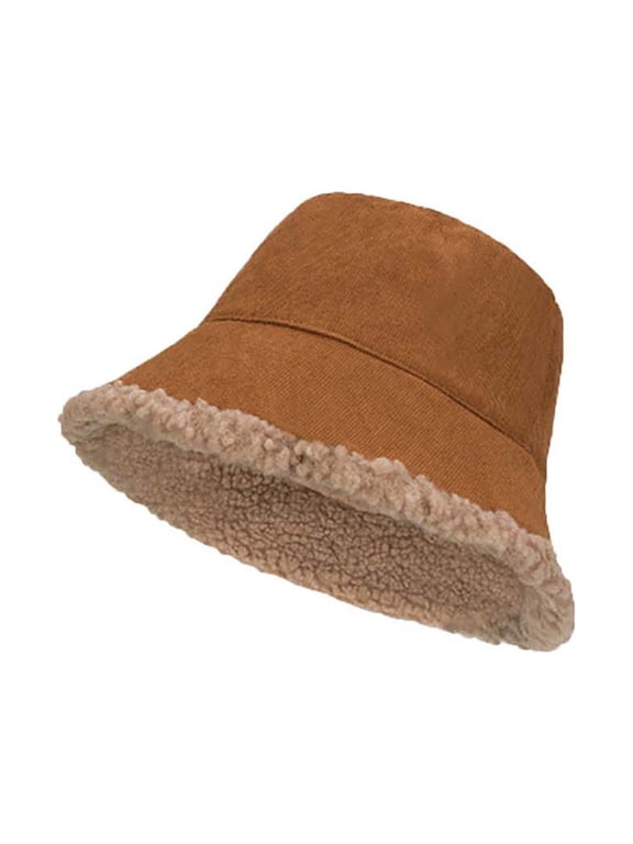 Double Side Bucket Hats for Women - Fuzzy Furry Winter Warm Fisherman Cap 2026, Fluffy Teddy Sherpa Clothe Hat for Women Men Faux Suede Shearling Fishing Hats, Coffee