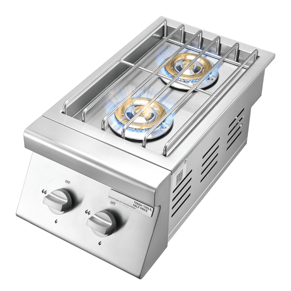Double Side Burner for Grill, 30,000 BTU Propane/Natural Gas, 304 Stainless Steel Built-in Burners for Outdoor Kitchen Island, Convertible BBQ Side Burner