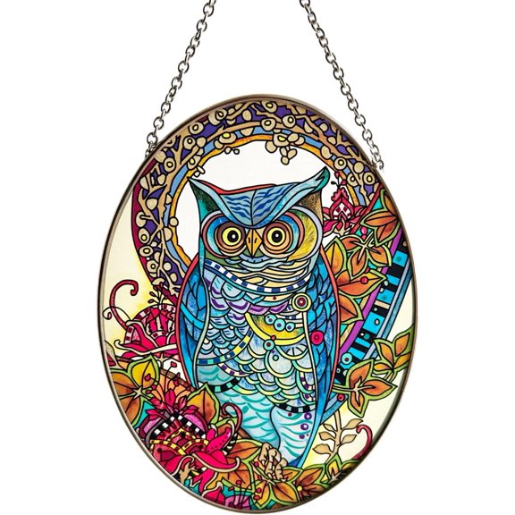 Double-Side Hand Painted Stained Glass Owl Suncatcher for Windows - Small Size Window Hanging Ornament - Gift for Mom, Friend, Bird Lovers