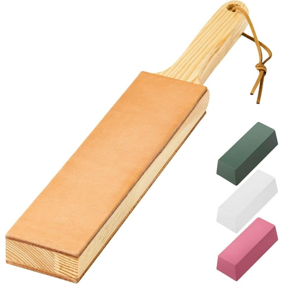 Double Side Leather Strop for Knife Sharpening - 14"x 2" Stropping Block Kit with Polishing Compound, Knife Strop with Ergonomic Handle for Honing Knives, Woodworking Chisels
