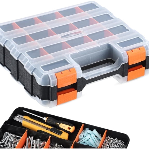 Double Side Tool Box Organizer, Hardware Storage Box, Portable Small Parts Organizer with Removable Plastic Dividers for Screws, Nuts, Nails, Bolts (Red)