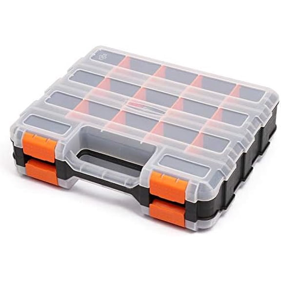 Double Side Tools Organizer, Customizable Removable Plastic Dividers, Hardware Box Storage, Excellent for Screws,Nuts,Small Parts, 34-Compartment, Black/Orange,12.6"L x 10.6"W x 3.2"H