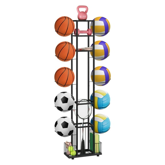 Double-Sided 10-Ball Storage Rack with Shelves & Baskets, Heavy-Duty Metal & Wood Vertical Sports Organizer for Garage, Gym, Playroom