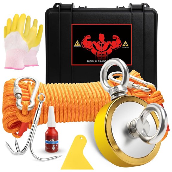 Kit Pêche à L'Aimant 250 Lbs - Aimant, Corde, Mousqueton, Gants - Neuf