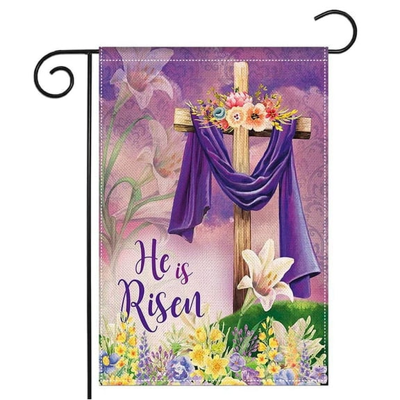 Double Sided 12.5x18 Religious Burlap Flag He is Risen Happy Easter Cross Spring Garden Yard Decoration
