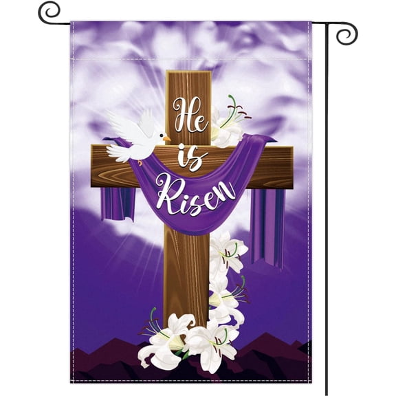 Double Sided 12 x 18 Farmhouse Yard Flag He is Risen Spring Easter Cross Religious Floral Outdoor Welcome Decoration