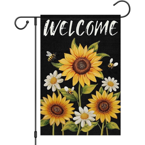 Double Sided 12x18 Burlap Spring Summer Garden Flag Welcome Bee & Daisy Sunflower Rustic Outdoor Yard Banner (ONLY FLAG)