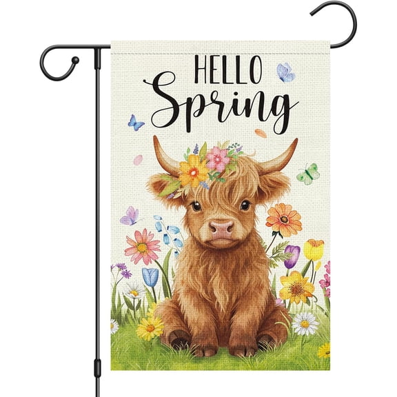 Double Sided 12x18 Inch Burlap Yard Banner Hello Spring Highland Cow Floral Crown Cow Butterfly Rustic Decor (ONLY FLAG)