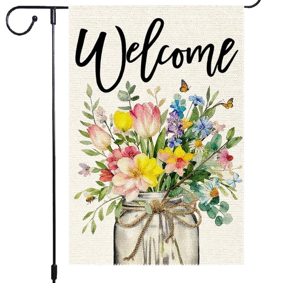 Double Sided 12x18 Inch Spring Summer Mason Jar Garden Flag Burlap Wildflowers Welcome Yard Outdoor Home Decoration