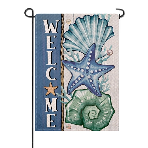Double Sided 12x18 Inch Summer Beach Burlap Garden Flag Coastal Conch Starfish Nautical Yard Decoration