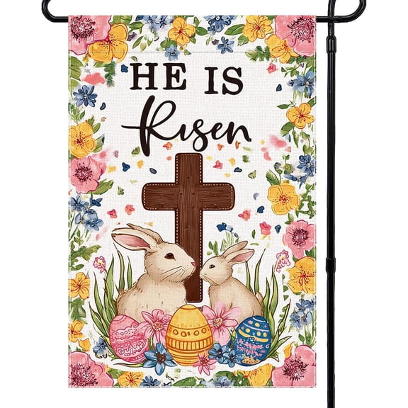 Double Sided 12x18 Inch Welcome Easter Garden Flag He Is Risen Christian Cross Rabbit Egg Burlap Yard Decor