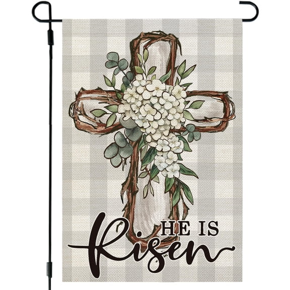 Double Sided 12x18 Small Easter Yard Flag He Is Risen Cross Religious Holiday Outside Lawn Decor