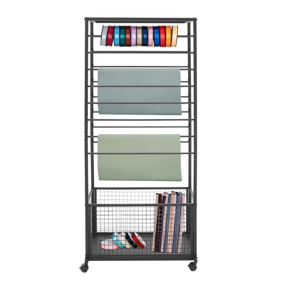 Shangmakel 16 Tier Ribbon Holder Organizer Rack, White & Black Freestanding Large Capacity Spool Holder Stand, Multifunctional Flower Wrapping Paper Storage Stand