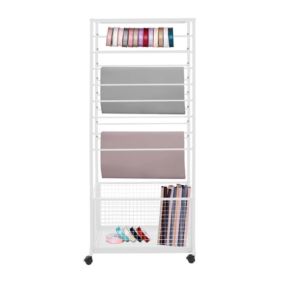 Shangmakel 16 Tier Ribbon Holder Organizer Rack, White & Black Freestanding Large Capacity Spool Holder Stand, Multifunctional Flower Wrapping Paper Storage Stand