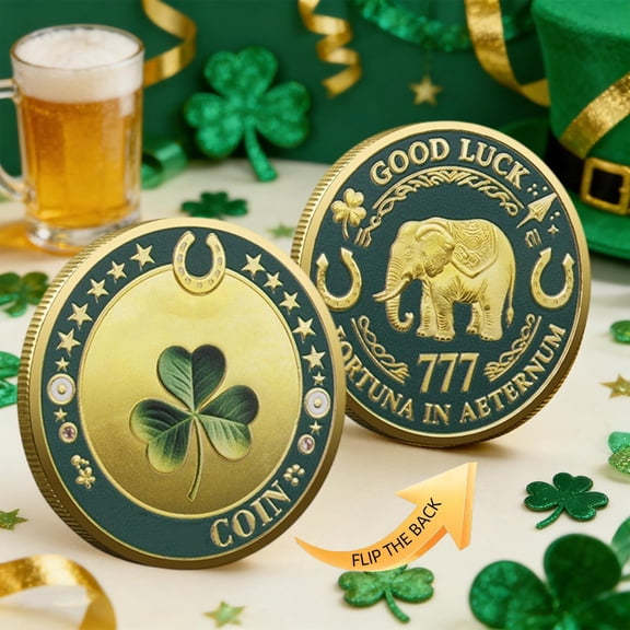 Double-Sided 3 Leaf Clover Coin with 3 Leaf Clover & Elephant with Fortunately Symbols – Perfect Good Gift for Friends & Family