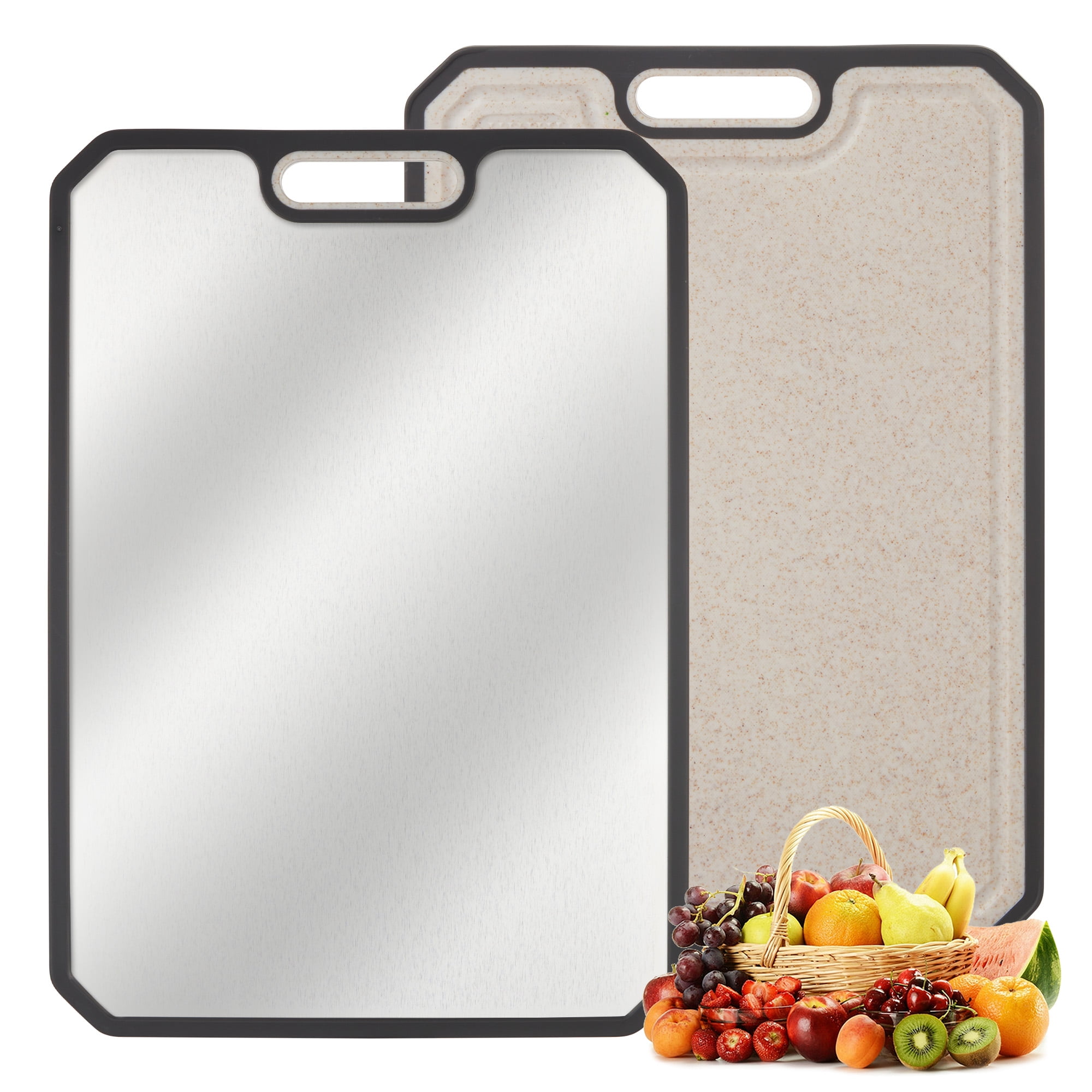 Double-Sided 304 Stainless Steel & Titanium Cutting Board with Deep Juice Groove & Built-in Handles, Easy to Clean Chopping Board, for Kitchen – 15x10 Inch