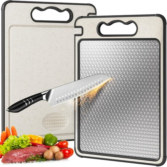Double Sided 304 Stainless Steel & Wheat Straw Cutting Board, 14.4"*9.8" Non Toxic Chopping Board, Separately Handle Meat and Vegetables, Dishwasher Safe, Scratch Resistant Mesh Design