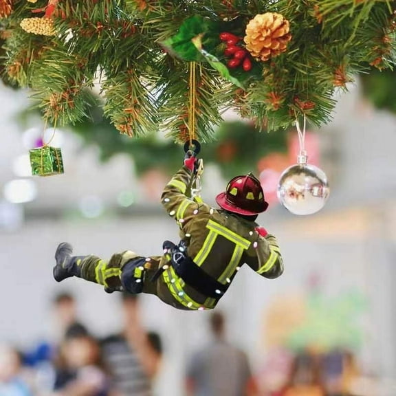 Double Sided Acrylic Christmas Ornament, Firefighter Santa with Gift Bag, Hand Painted Tree Hanging Pendant for Home Office Decoration